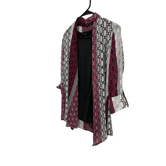 Sami & Jo Blouse Black Tank Top Attached Red White Chain Print Jacket Long Sz S - Picture 3 of 10